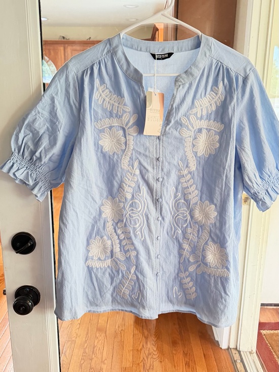 BTFBM Tops - NWT BTFBM Blue Floral Embroidered Boho Short Sleeve Button Down Blouse Top L